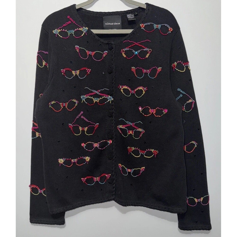 Vintage 90s Michael Simon Eyeglasses Bead Sequin Cardigan | Extra Large